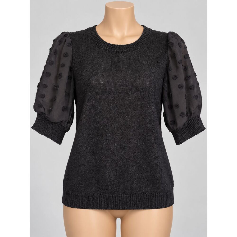 MINE Women’s Black Knit Blouse Size L Sheer Swiss Dot Puff Sleeve Top